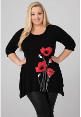 Tunika asymetryczna "czerwone maki" w kolorze czarnym w dużych rozmiarach Tunika asymetryczna "czerwone maki" w kolorze czarnym w dużych rozmiarach