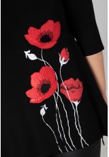 Tunika asymetryczna "czerwone maki" w kolorze czarnym w dużych rozmiarach Tunika asymetryczna "czerwone maki" w kolorze czarnym w dużych rozmiarach